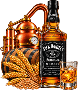 Bottiglia Jack Daniels con rame e whisky