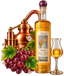 Bottiglia di grappa Berta con uva e alambicco 2