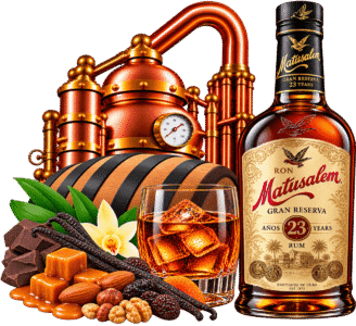 Bottiglia di rum Matusalem e distilleria in rame