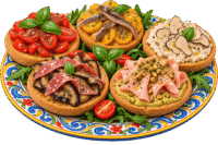 Gastronomia Mobile 4 Bruschette mediterranee su piatto maiolica